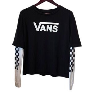Vans Mens Black Long Sleeve T Shirt Double Layer Checkered Sleeve Size Medium